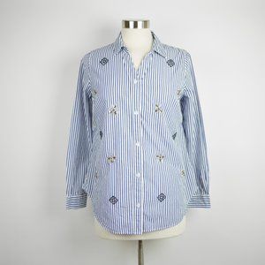 CROWN & IVY Blue white striped long sleeve blouse